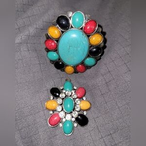 Boho, Southwest, Turquoise, Red, Black, Mustard Yellow, Bracelet & Pendant Set